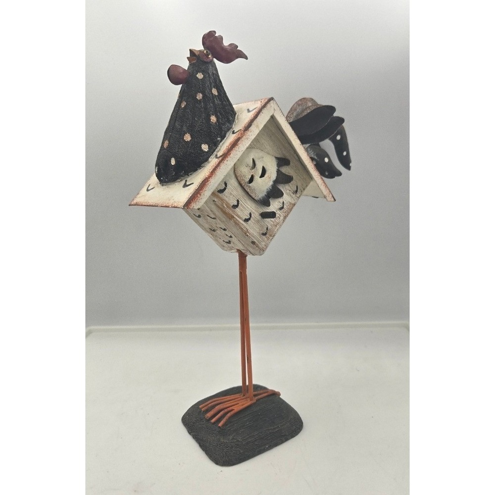 Vintage Folk Art Metal Rooster Birdhouse Figurine On Stand Country Decor 11"